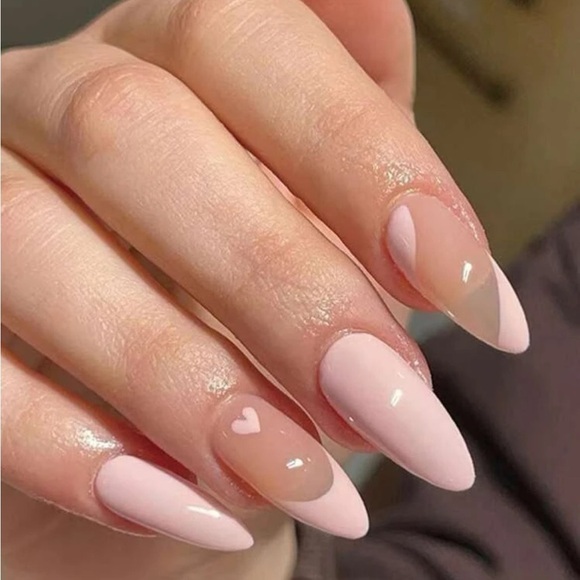 Rebellious Rose Other - Transform Your Nails With 24pcs Long Almond Pink French Solid Heart Print
